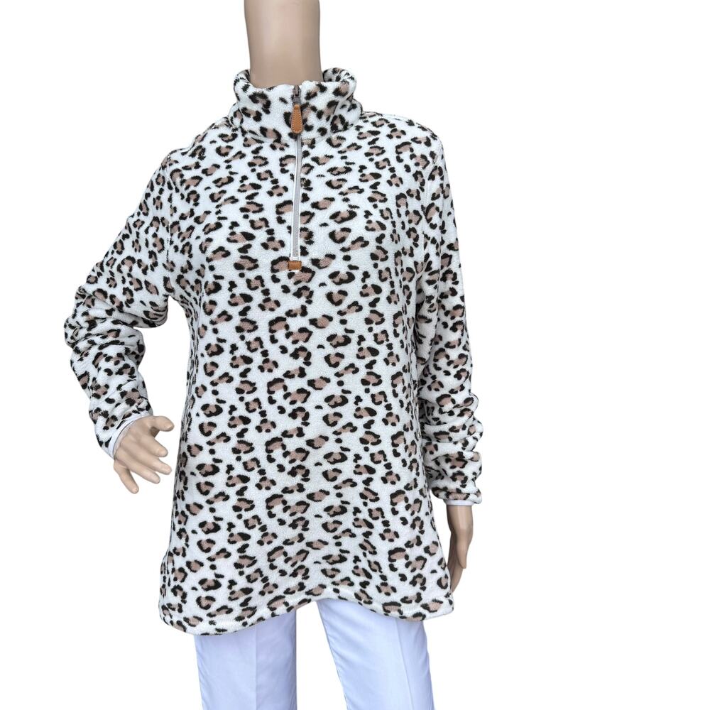 Jess Lea White Leopard Print Faux Fur Quarter Zip Mock Neck Pullover Jacket S